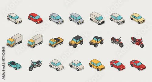 Isometric colorful vehicle icon set showing cars.