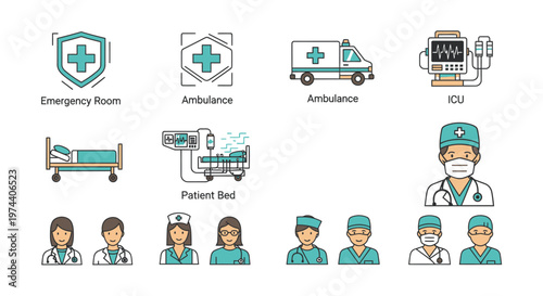 Collection of medical icons representing emergency room, ambulance, ICU, patient bed, doctor, nurse, and medical equipment