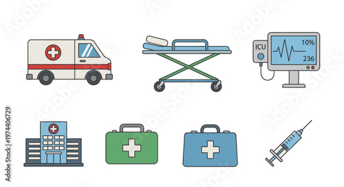 Collection of medical icons and symbols representing healthcare services and emergency response