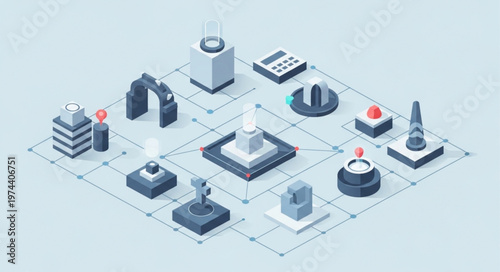 Isometric connected technology nodes around central processor chip.