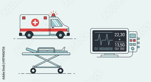 Emergency medical service equipment ambulance, stretcher, and vital signs monitor