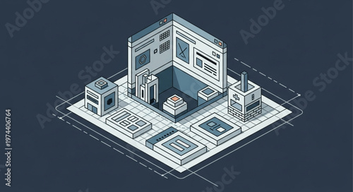 Isometric data center server room with racks.