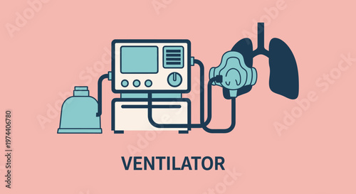 Medical Ventilator Machine Connected to Lungs for Respiration Assistance and Life Support