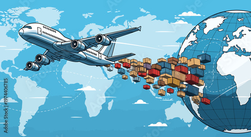 Air cargo plane flying around the world, global shipping concept.