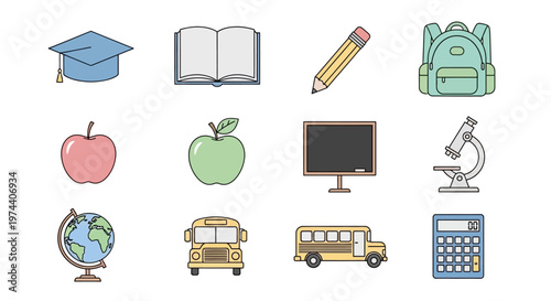 School objects and education icons.