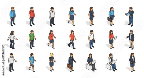 Isometric diverse people walking standing sitting collection.