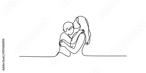 A single continuous line drawing of a mother embracing her child with love and deep affection shown Vector, illustration