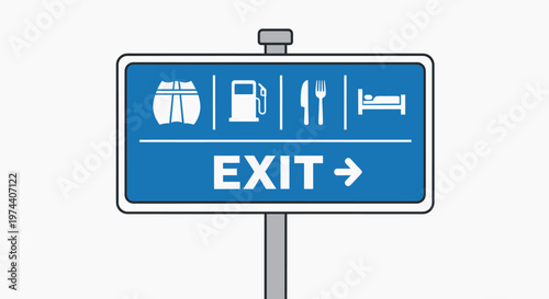 Blue Road Sign Indicating Exit with Various Service Icons.