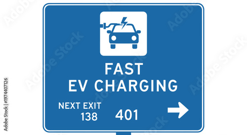 Blue Sign Indicating Fast EV Charging Station Ahead for Electric Vehicles.