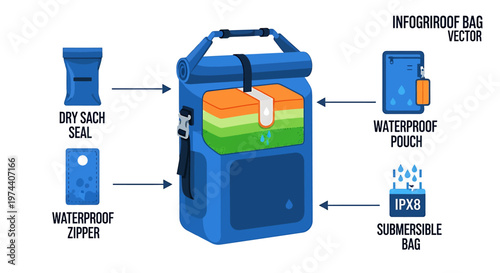 Blue Waterproof Bag with Orange and Green Compartments for Outdoor Activities.