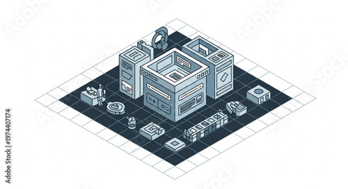 Isometric futuristic server data center illustration with racks.