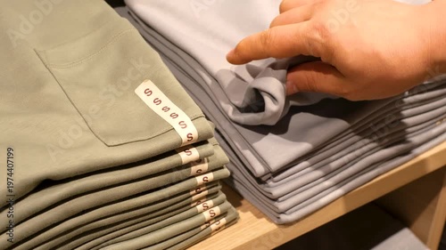 Hand chooses t-shirts on shelves in the store close-up.