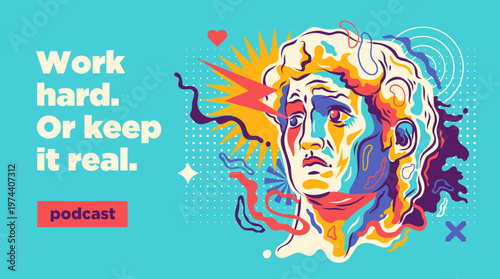 Colorful abstract portrait inspired by antique sculpture, blending classical form with bold modern design elements. Vector illustration.