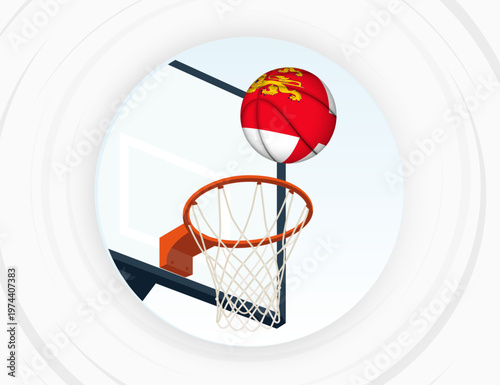 Sark Flag Themed Basketball in Motion, Scoring Moment in Basketball Game.