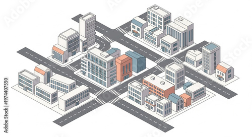 Isometric Miniature Urban City Block Cluster Model.