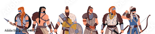 Group of vikings standing together. Ancient barbarians with swords and shields. Medieval Scandinavian soldiers and warriors with weapons and animal hides. Flat isolated vector illustration on white