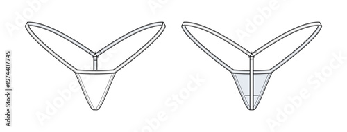 Strappy G String Underwear Technical Fashion Illustration, Extreme Minimal Thong Vector Template, Front and Back View, Lingerie CAD Mockup