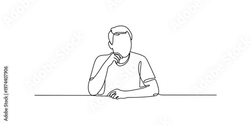 A single continuous line drawing of a thoughtful man sitting at a table in a minimalist style Vector, illustration