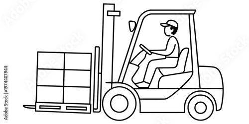 A simple black and white line drawing of a forklift operator moving stacked boxes on a pallet