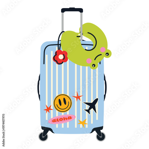 Cute Travel bag. Colorful collection of suitcases, backpacks and duffel bags with stickers and details. Perfect for vacation, tourism and summer travel themes. Flat vector isolated on white 