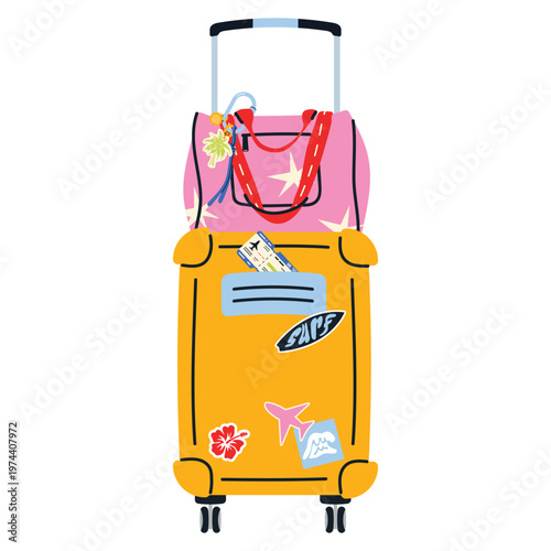 Cute Travel bags. Colorful collection of suitcases, backpacks and duffel bags with stickers and details. Perfect for vacation, tourism and summer travel themes. Flat vector isolated on white 