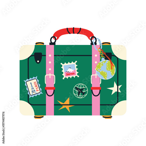 Cute Travel bag. Colorful collection of suitcases, backpacks and duffel bags with stickers and details. Perfect for vacation, tourism and summer travel themes. Flat vector isolated on white 