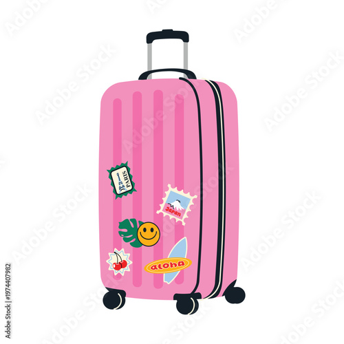 Cute Travel bag. Colorful collection of suitcases, backpacks and duffel bags with stickers and details. Perfect for vacation, tourism and summer travel themes. Flat vector isolated on white 