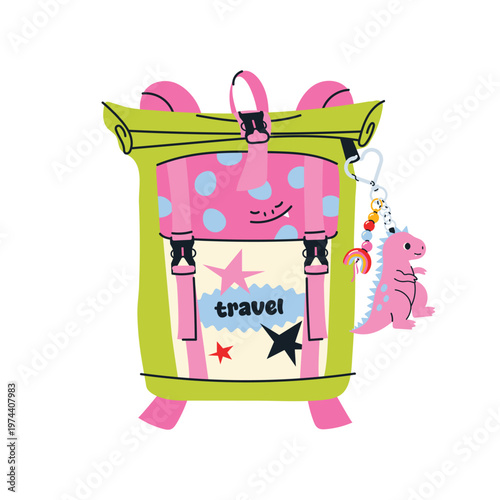 Cute Travel backpack. Colorful collection of suitcases, backpacks and duffel bags with stickers and details. Perfect for vacation, tourism and summer travel themes. Flat vector isolated on white 