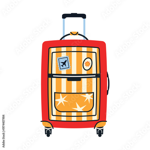 Cute Travel bag. Colorful collection of suitcases, backpacks and duffel bags with stickers and details. Perfect for vacation, tourism and summer travel themes. Flat vector isolated on white 