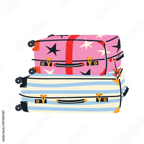 Cute Travel bag. Colorful collection of suitcases, backpacks and duffel bags with stickers and details. Perfect for vacation, tourism and summer travel themes. Flat vector isolated on white 