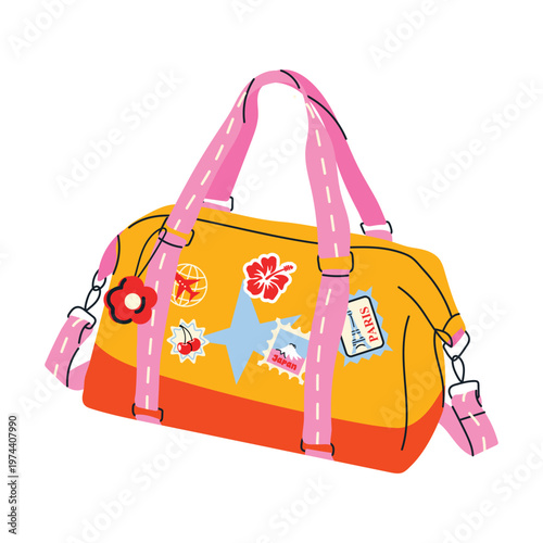 Cute Travel bag. Colorful collection of suitcases, backpacks and duffel bags with stickers and details. Perfect for vacation, tourism and summer travel themes. Flat vector isolated on white 