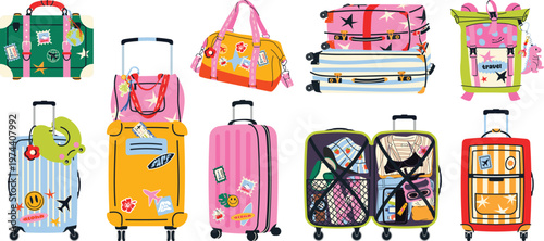 Travel bags set. Colorful collection of suitcases, backpacks and duffel bags with stickers and details. Perfect for vacation, tourism and summer travel themes. Flat vector isolated on white background