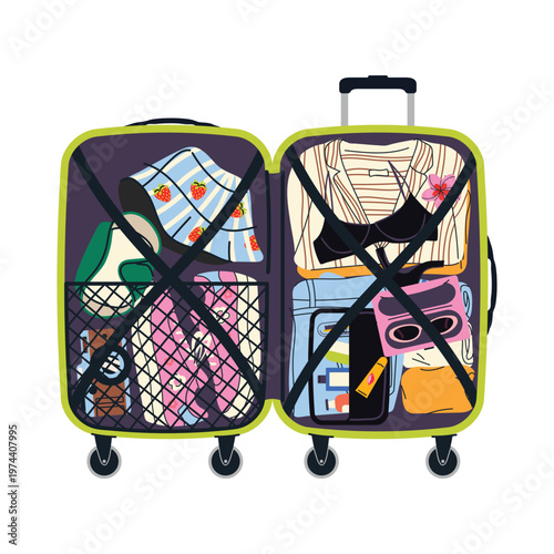 Open suitcase with clothes set. Packed travel luggage with outfits, accessories and essentials inside. Perfect for vacation, trip planning and travel themes. Flat style illustration isolated on white 