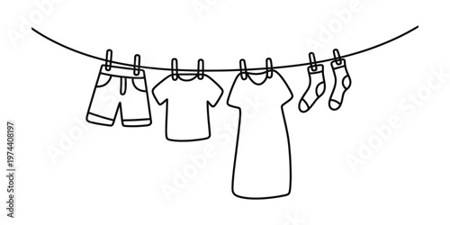 A simple black and white line drawing of various clothing items hanging on a laundry clothesline Vector, illustration