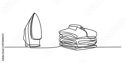 A continuous line drawing of a household electric iron placed next to a stack of folded clothes Vector, illustration
