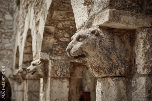 Close Up Of Ancient Stone Gargoyle Sculpture Adorned With Small Flecks On A Textured Column In An Old European Courtyard With Arches In The Background And Soft Natural Light