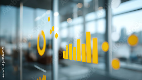 Yellow bar charts and circular graphs displayed on reflective office glass with blurred cityscape behind.
