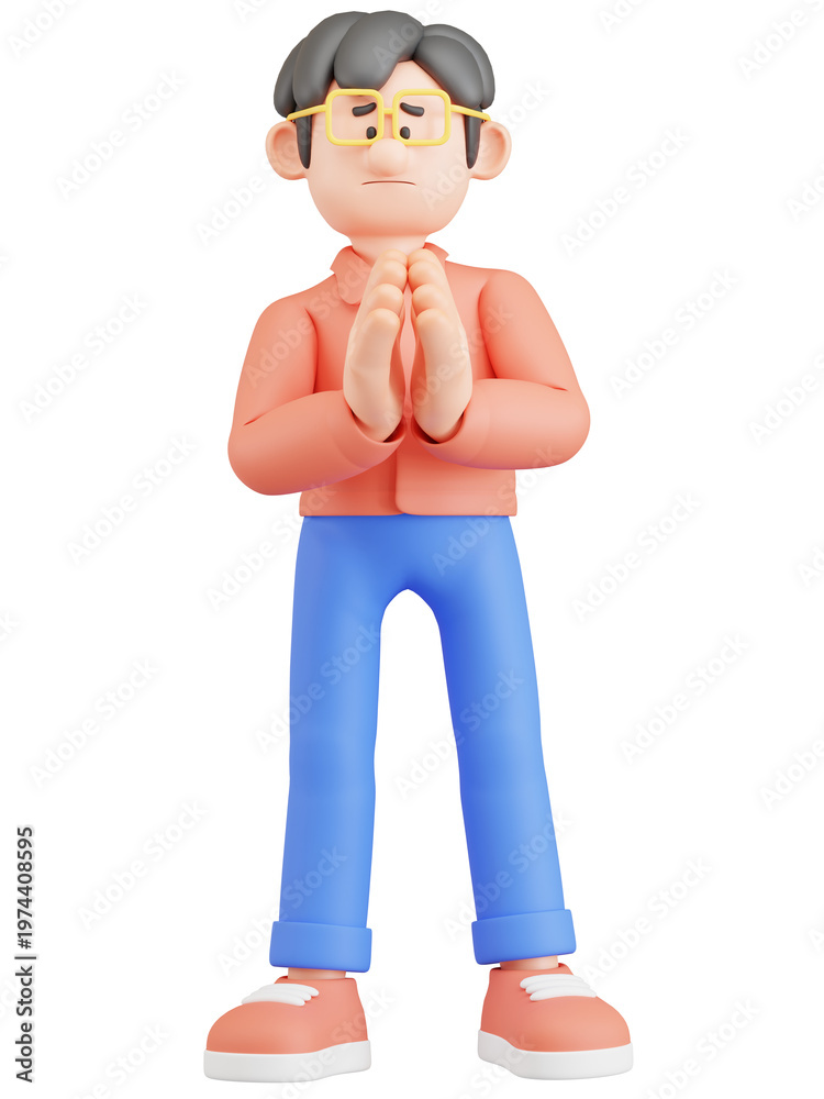 Fototapeta premium 3d Render of Young Man Character with Greeting Gesture or Wai Thai Style