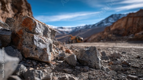 Close Up Of Rocky Ore Vein With Yellow Excavator In A Mountainous Mining Site Under Bright Blue Sky With Scattered Clouds