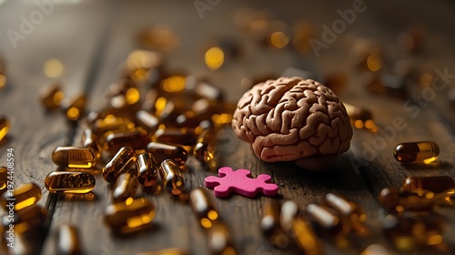 A brown human brain model sits on a wooden table surrounded by scattered amber capsules and a single pink puzzle piece, symbolizing mental health and cognitive function