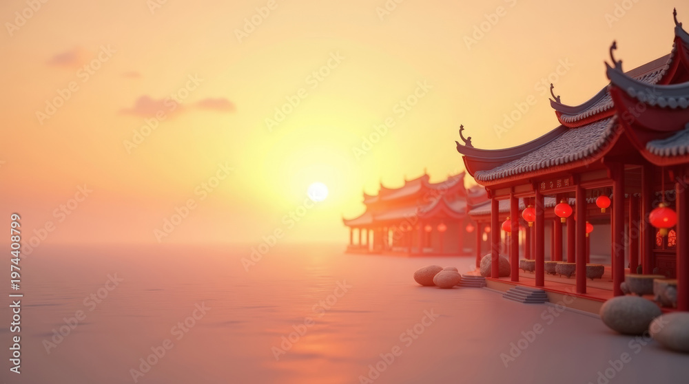 Obraz premium Row of traditional chinese buildings at sunset with red lanterns and warm glow