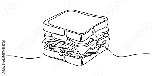 A single continuous line drawing of a delicious gourmet sandwich with many fresh ingredients inside
