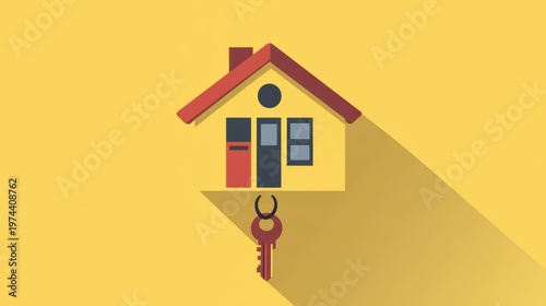 Colorful Minimalist House Icon with Key on Yellow Background Representing Home Ownership and Real Estate Concept for Stock Photography Use