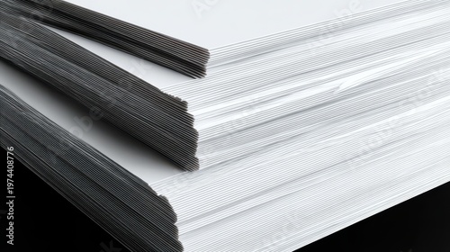 Close Up Stacked Paper Abstract Texture With Geometric Lines and Light Shadows Representing Data or Information Flow Against a Clean White Background in a Studio Setting