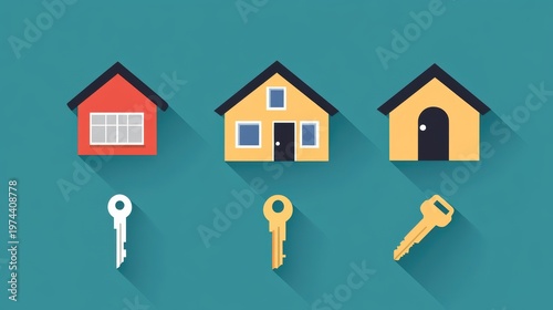 Colorful Illustrated Icons of Houses with Matching Keys for Real Estate and Home Ownership Concepts in a Flat Design Style