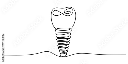 A single continuous line drawing of a dental implant isolated on a plain white background surface.
