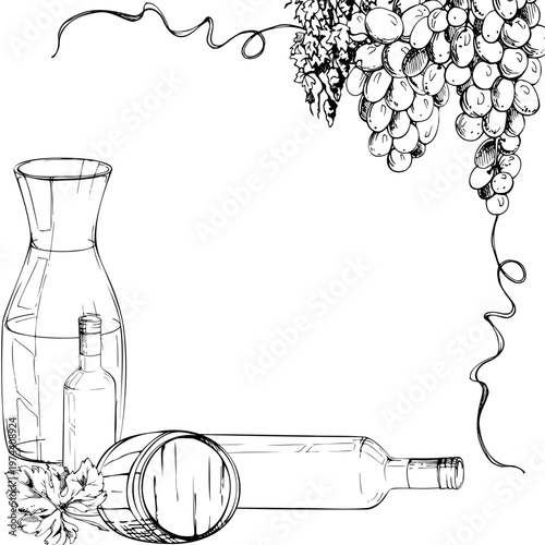 Oak barrel, bottles and wine glass decanter with overhanging grapevine, tendril curls and leaves. Isolated frame hand drawn in ink vector illustration. Menu covers, certificates, wine shop signage.