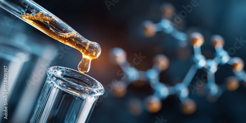 Focused pipette dispensing liquid into test tube with abstract chemical structure background representing scientific research and laboratory innovation