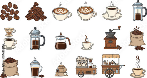 Принти на полотні Coffee Brewing Equipment Icon Set with Beans Espresso Cups French Press Grinder