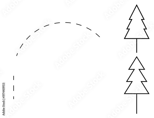 Nature exploration, education, minimalism, design concepts, geometry, forestry. Two pine tree outlines with a curved dashed line in black. Minimalist style visualizing nature and geometry